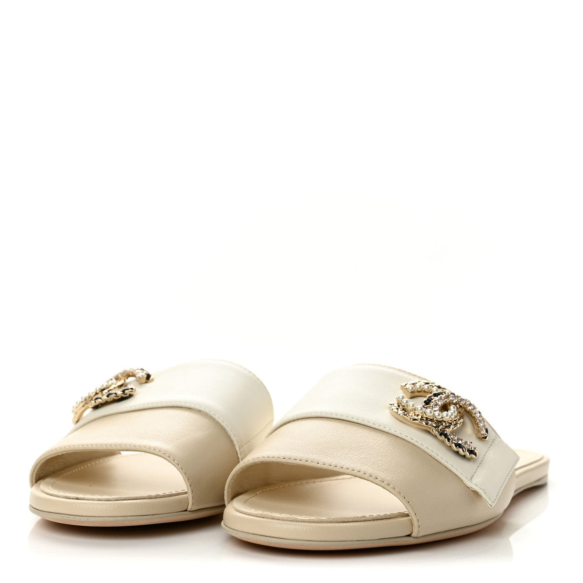 Chanel Lambskin Pearl Crystal CC Women's Mules Sandals 36 Light Beige White