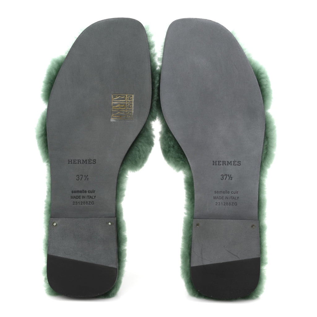 Hermes Woolskin Women's Oran Sandals 37.5 Vert Anglais