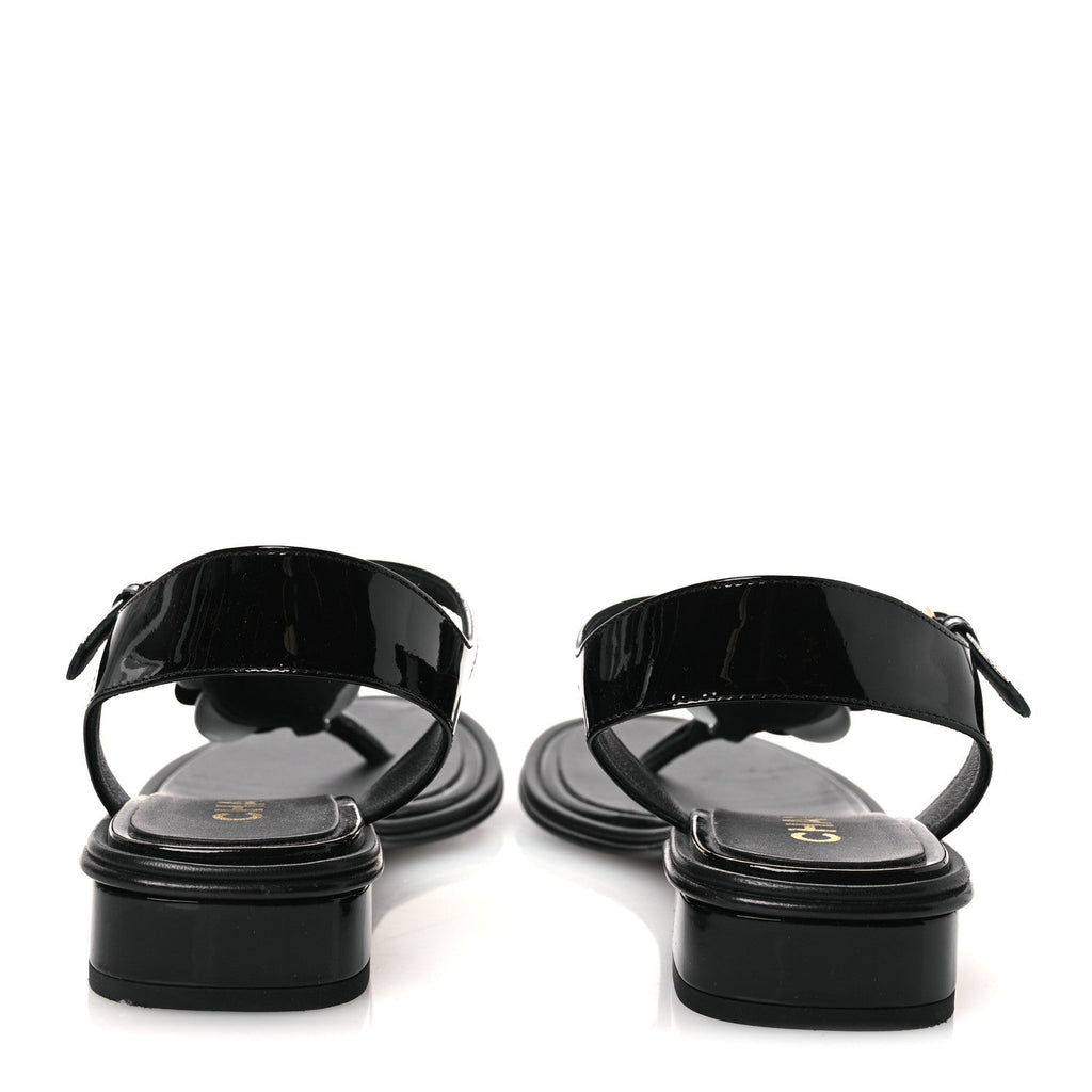 Chanel Patent Calfskin Women's Camellia Thong Sandals 37 Black White