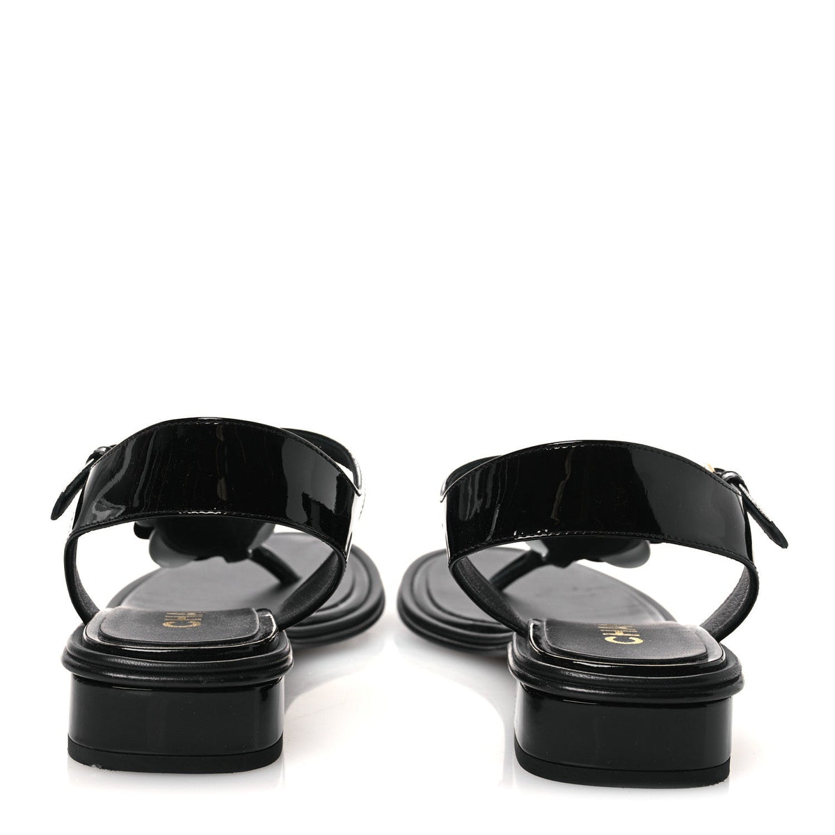 Chanel Patent Calfskin Women's Camellia Thong Sandals 37 Black White