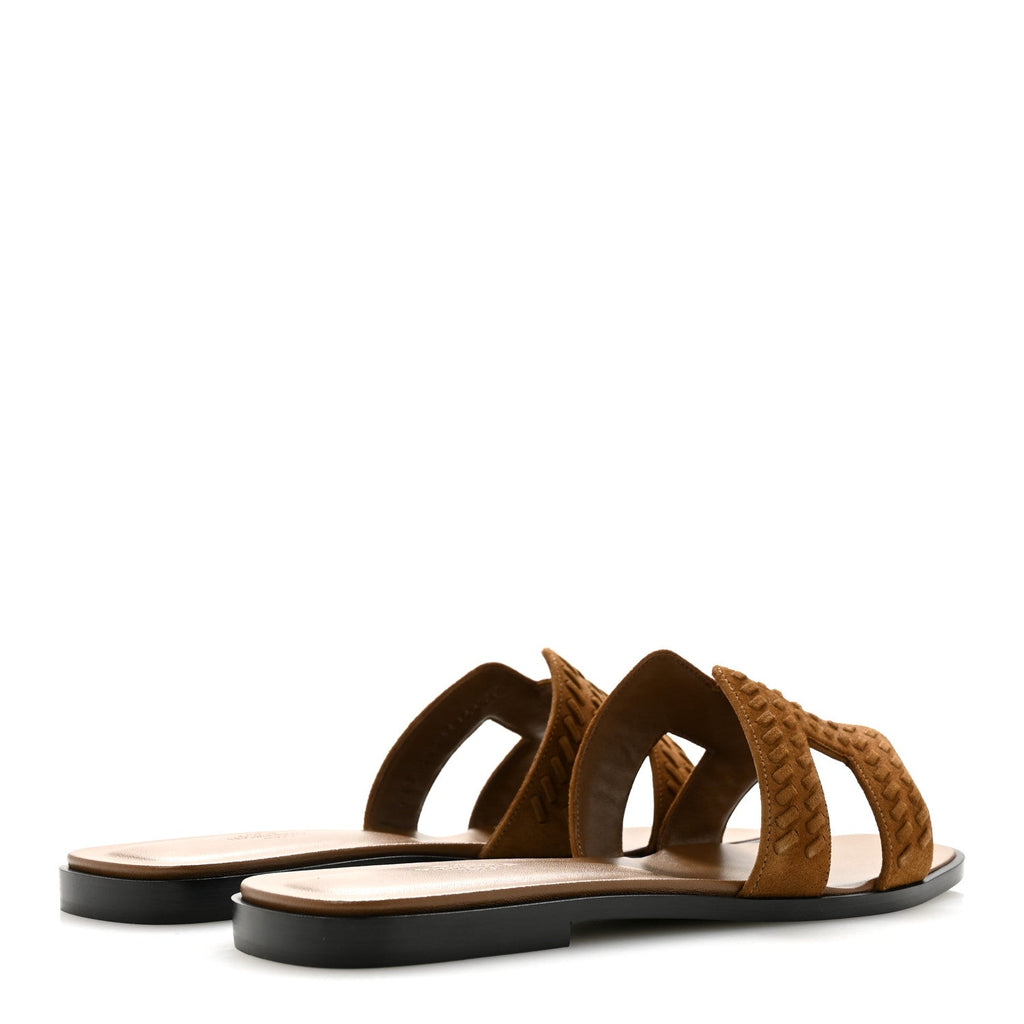 Hermes Suede Goatskin Women's Braided Oran Sandals 40 Brun Fume