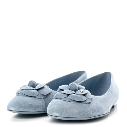 Chanel Suede Cap Toe Camellia Women's Ballerina Flats Light Blue