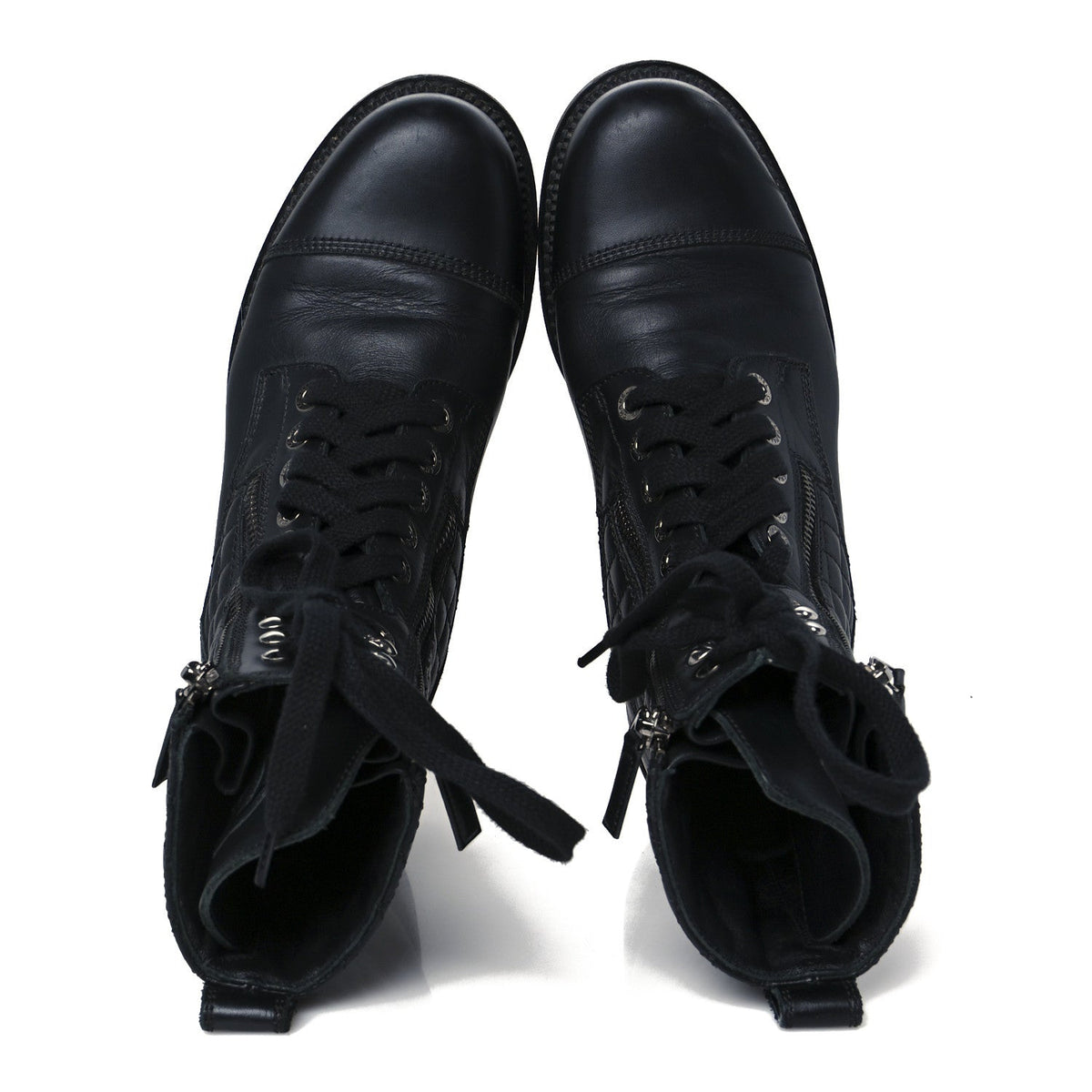 Chanel Calfskin Women's Quilted Lace Up Combat Boots 39 Black