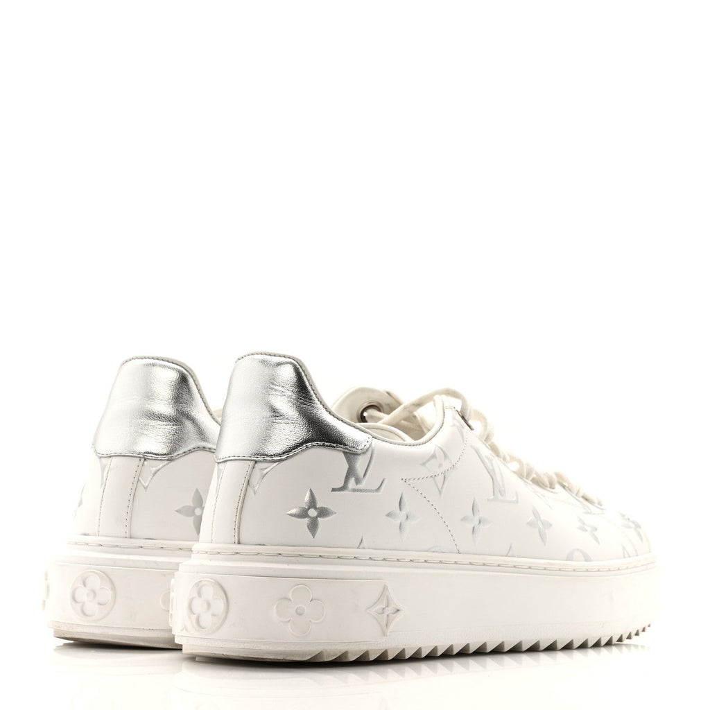 Louis Vuitton Calfskin Women's Monogram Debossed Time Out Sneakers 38 White Silver