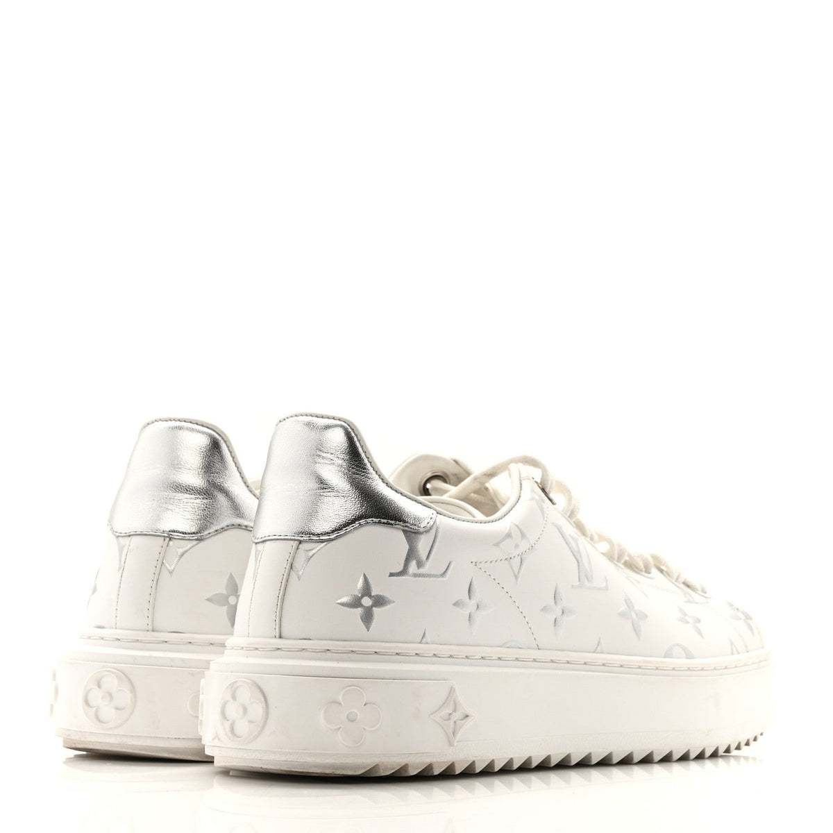Louis Vuitton Calfskin Women's Monogram Debossed Time Out Sneakers 38 White Silver