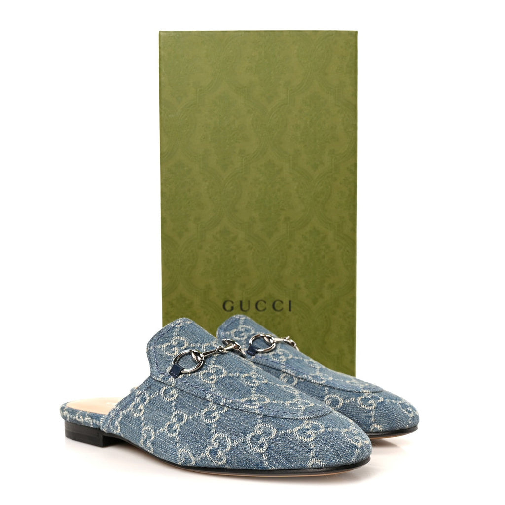 Gucci Denim GG Malaga Kid Women's Princetown Slippers 36.5 Light Blue Royale