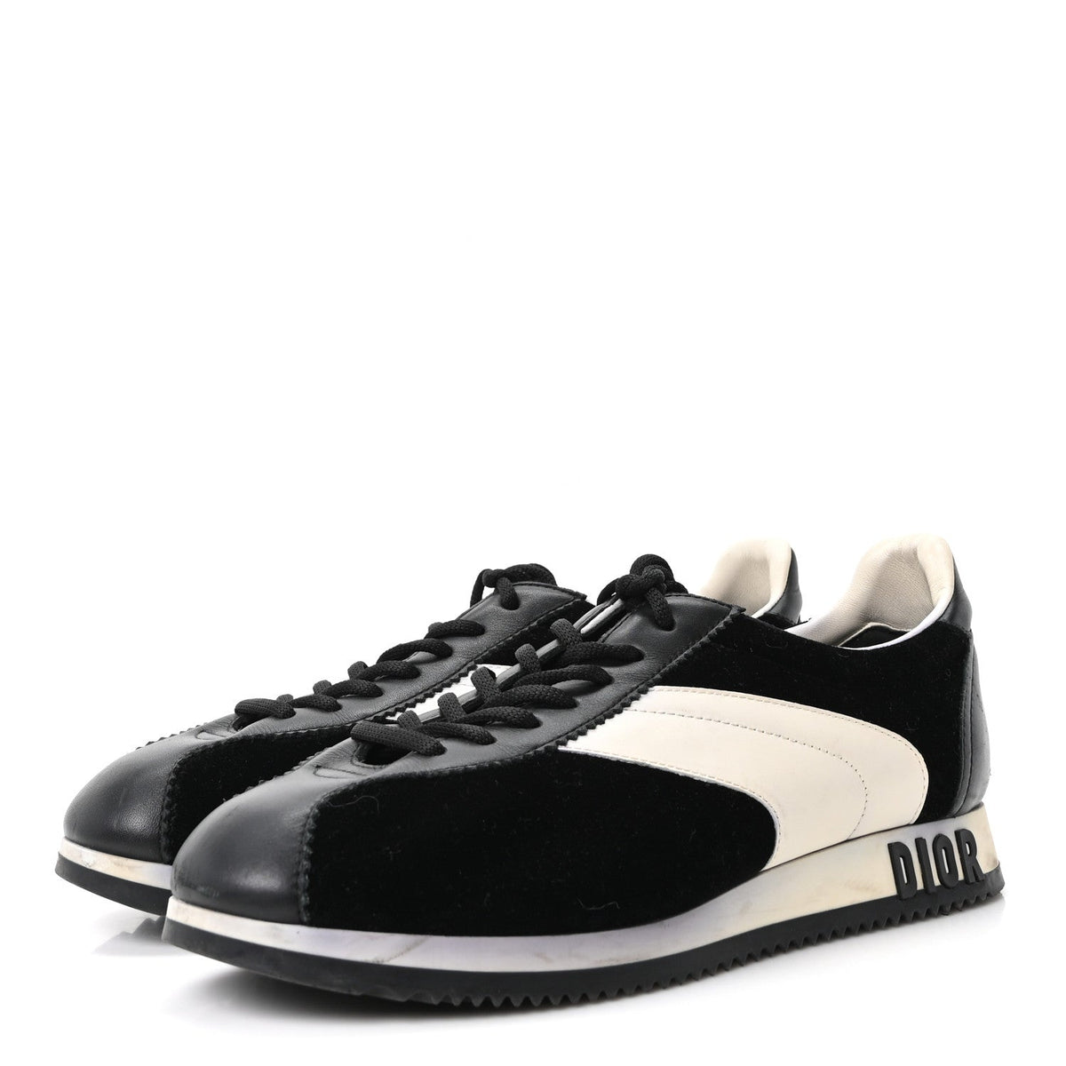 Christian Dior Velvet Calfskin Women's Diorun Sneakers 37.5 Black Off White