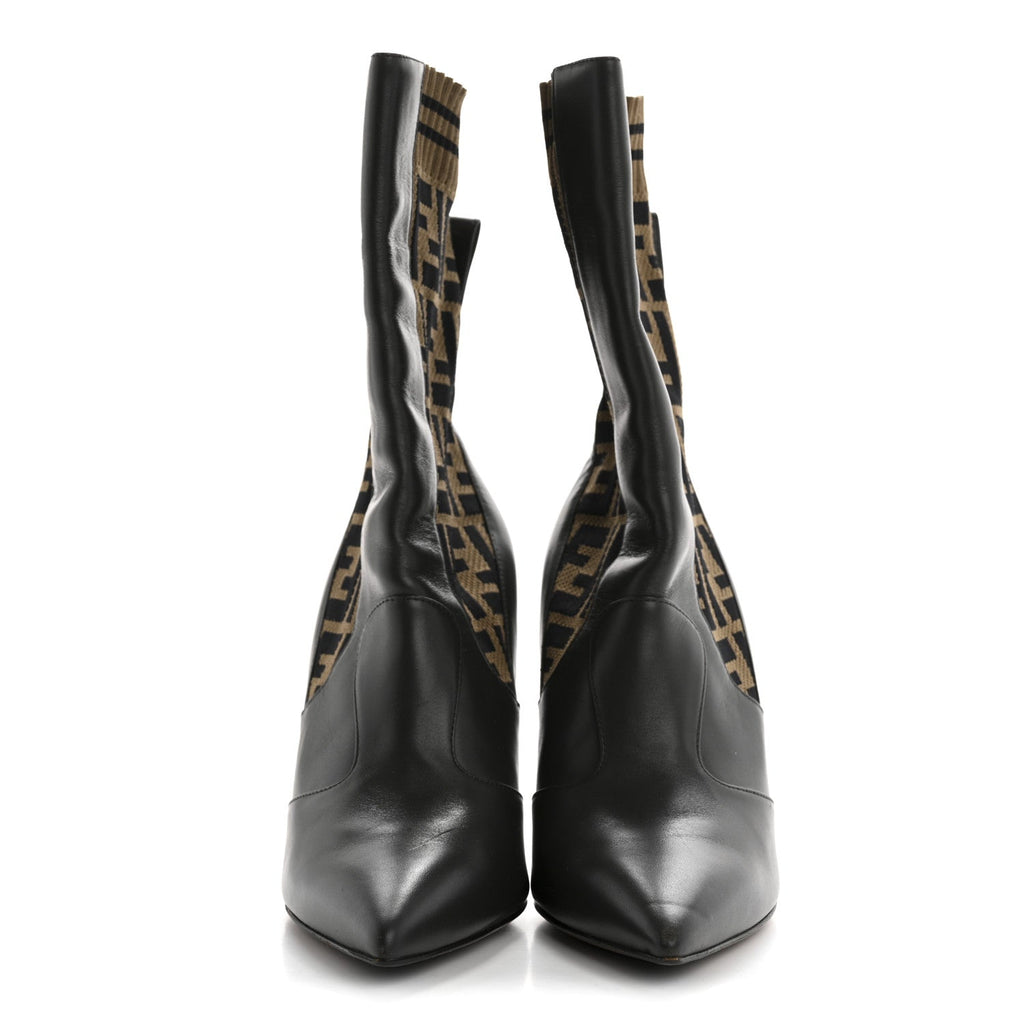 Fendi Nappa Microfiber Fabric Women's FF Rockoko Sock Boots 37 Ebano Tobacco Black