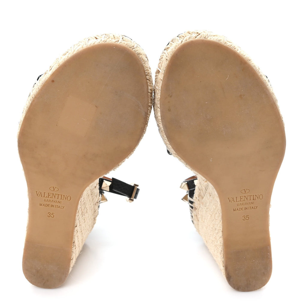 Valentino Garavani Grained Calfskin Women's Rockstud Espadrille Wedges 35 Black