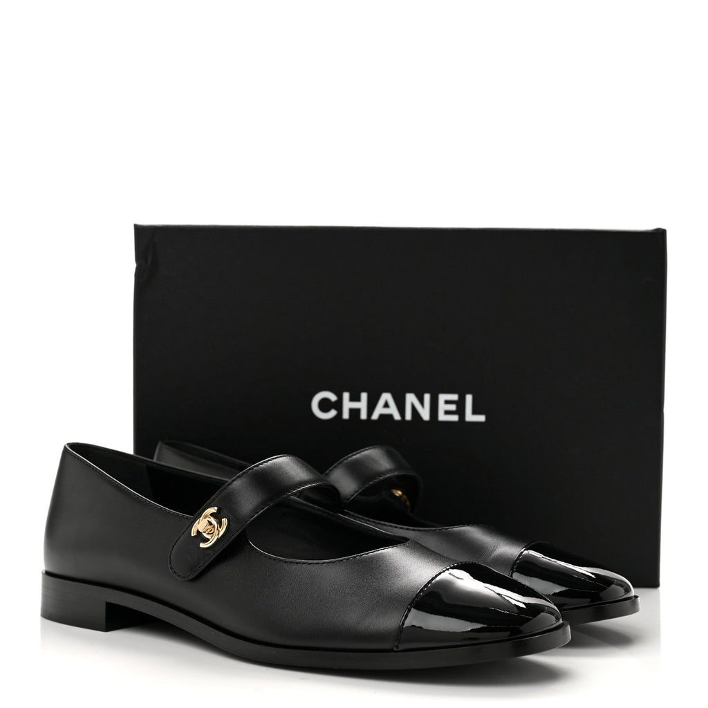 Chanel Calfskin Patent Women's Mary Janes Flats Black