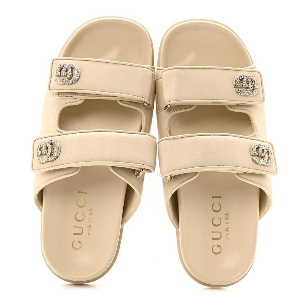 Gucci Calfskin Double G Crystal Women's Isla Dad Sandals 39 Ivory