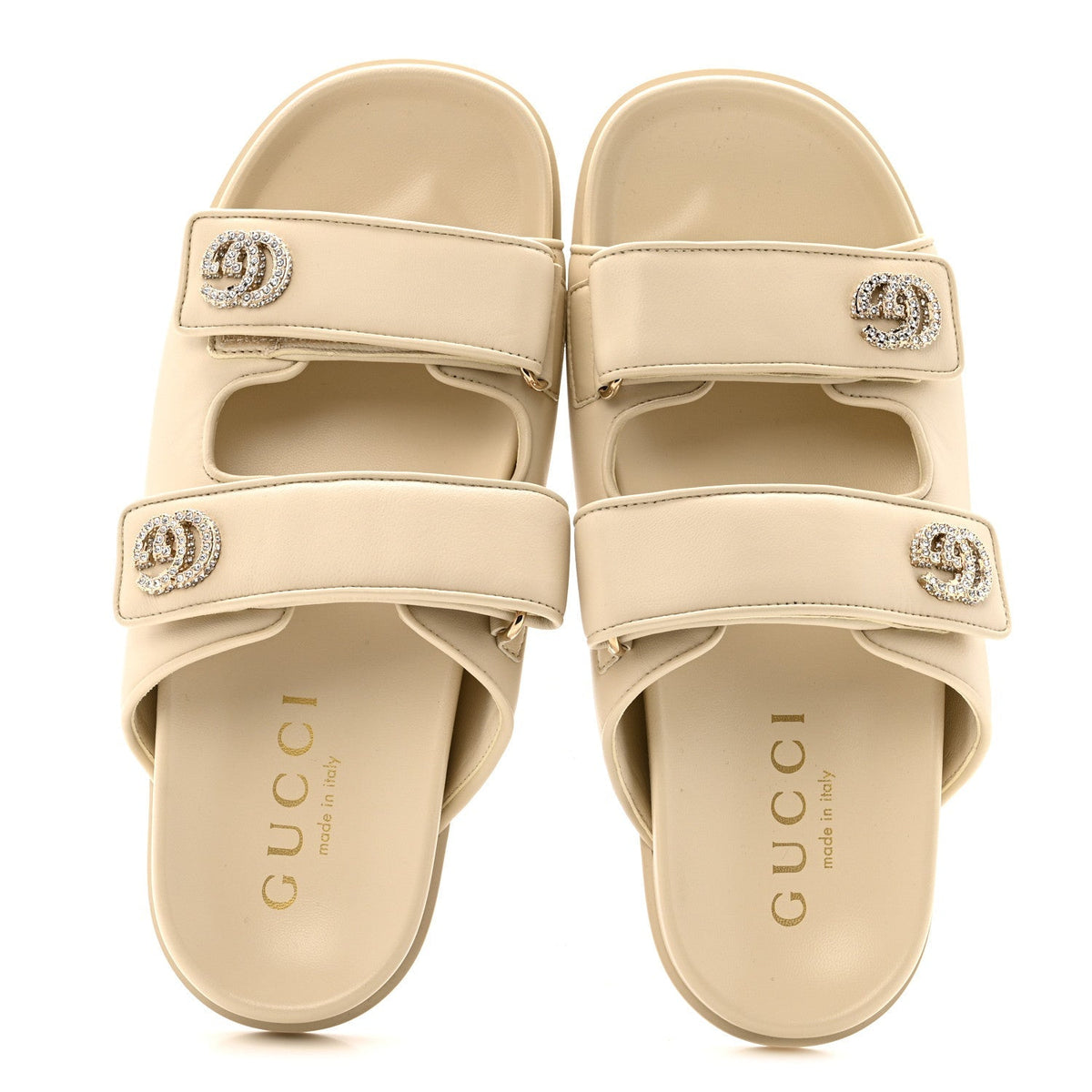 Gucci Calfskin Double G Crystal Women's Isla Dad Sandals 39 Ivory