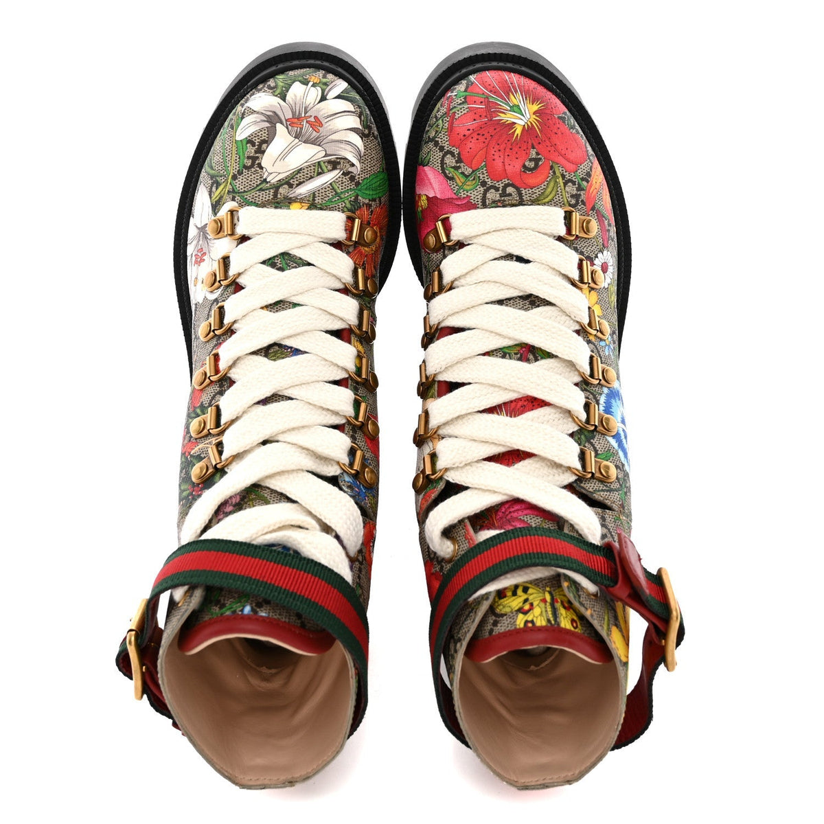 Gucci GG Supreme Monogram Flora Women's Lace Up Combat Ankle Boots 36 Beige Multicolor Red