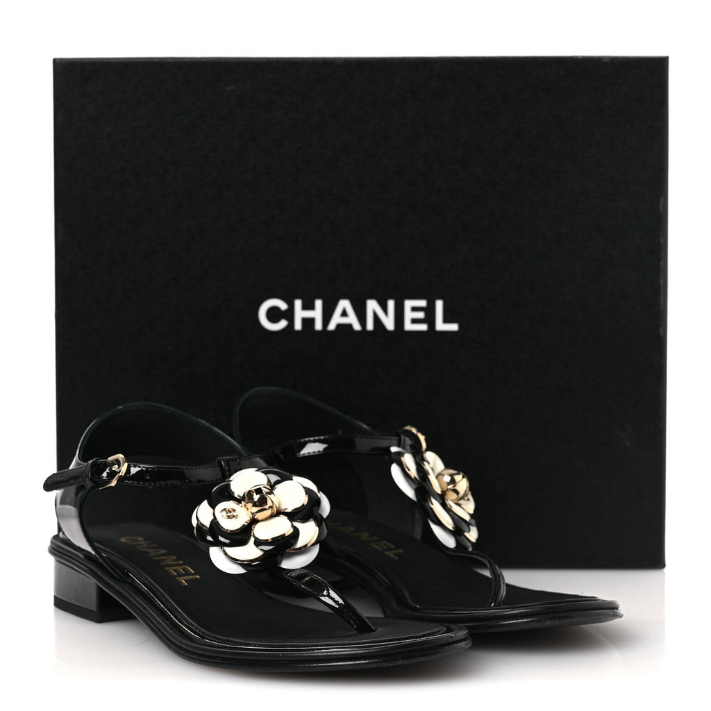 Chanel Patent Calfskin Women's Camellia Thong Sandals 37 Black White