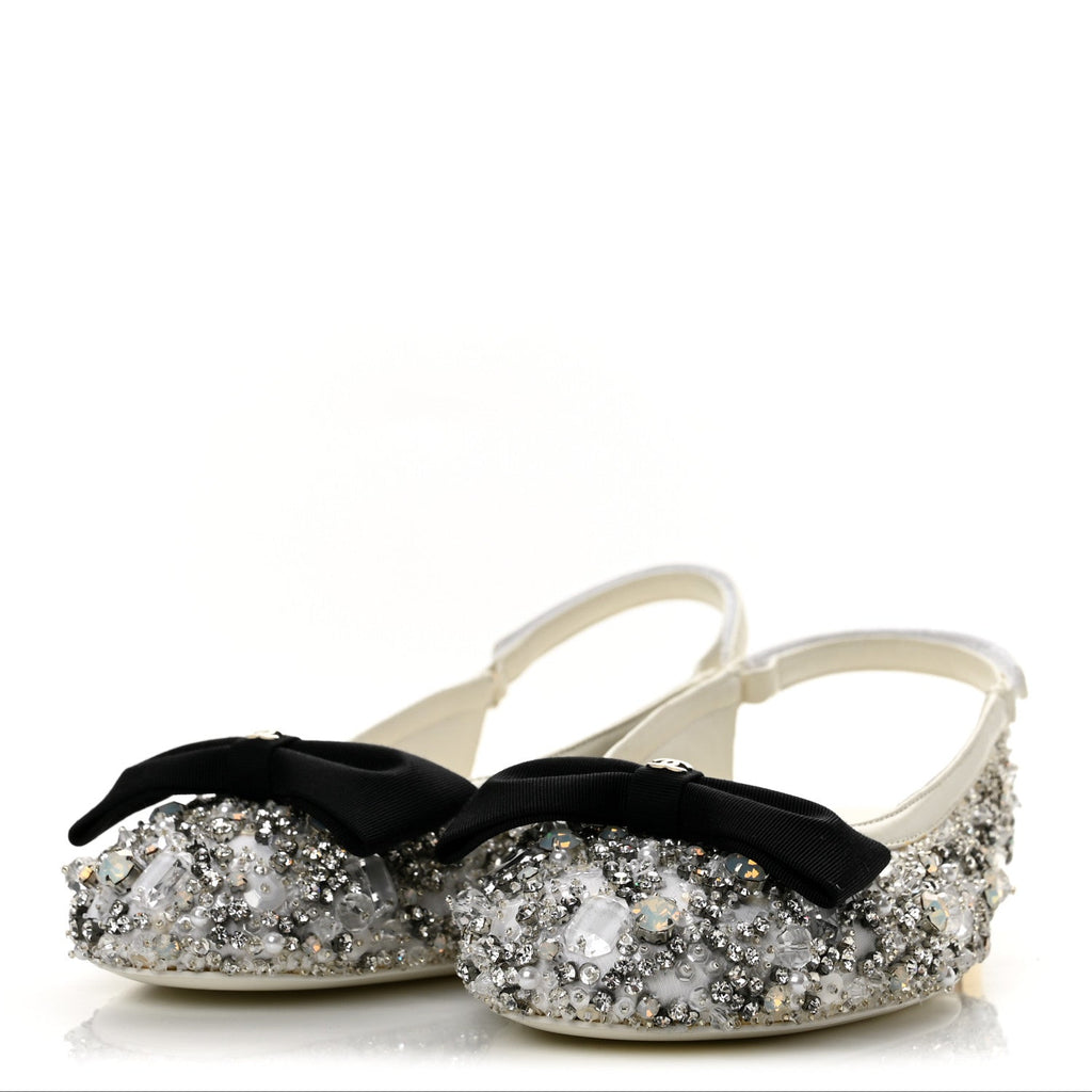 Chanel Satin Crystal Grosgrain Bow CC Slingback Women's Flats