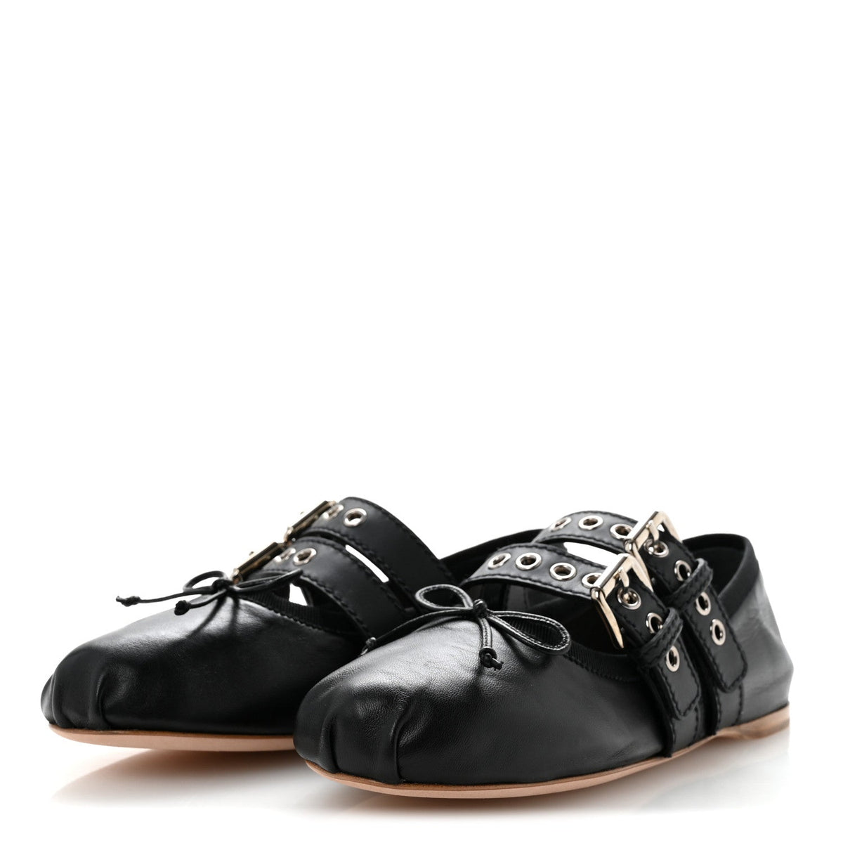 Miu Miu Nappa Vitello Nevada Women's Double Buckle Ballerina Flats 36 Black