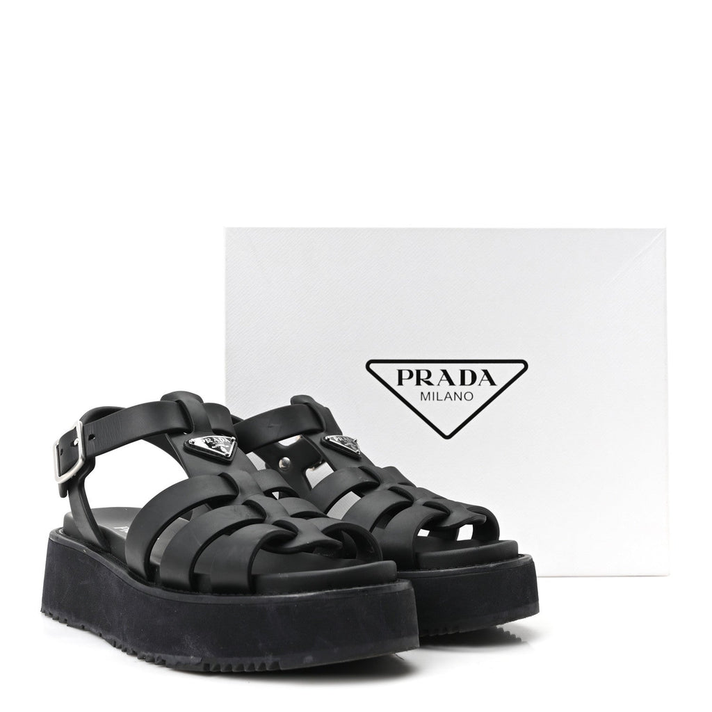 Prada Foam Rubber Women's Soft Cage Triangle Logo Sandals 39 Black