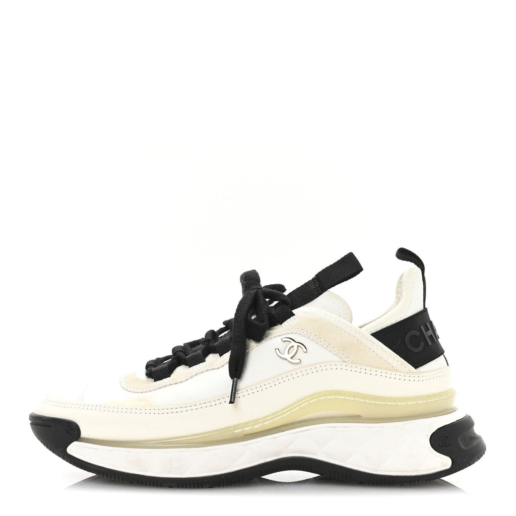 Chanel Velvet Calfskin Mixed Fibers Women's CC Sneakers 38 Ivory Black