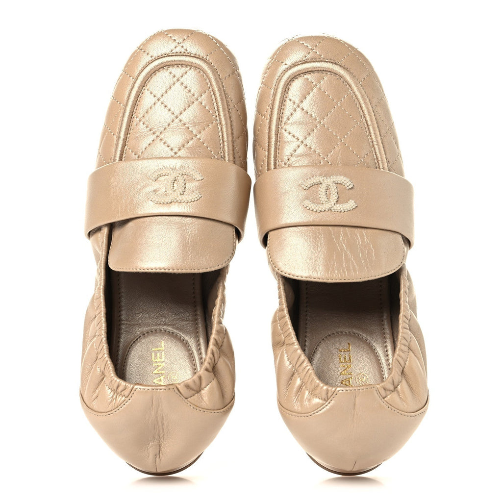 Chanel Laminated Lambskin Quilted Elastic CC Women's Loafers Beige