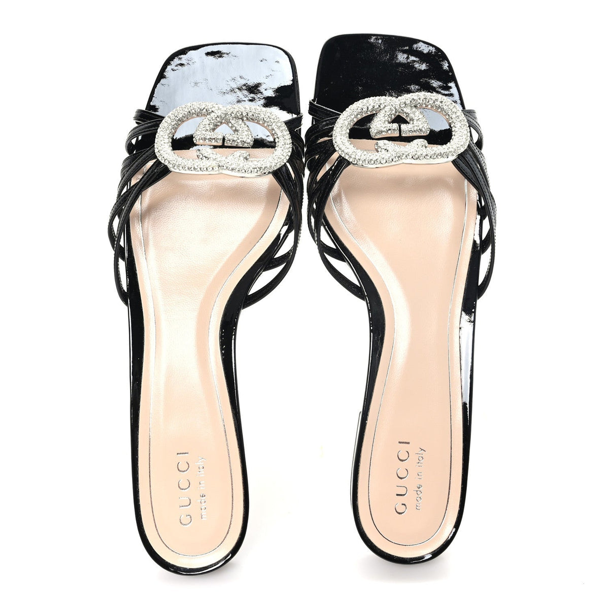 Gucci Vernice Crystal Women's Interlocking G Slide Sandals 40 Black