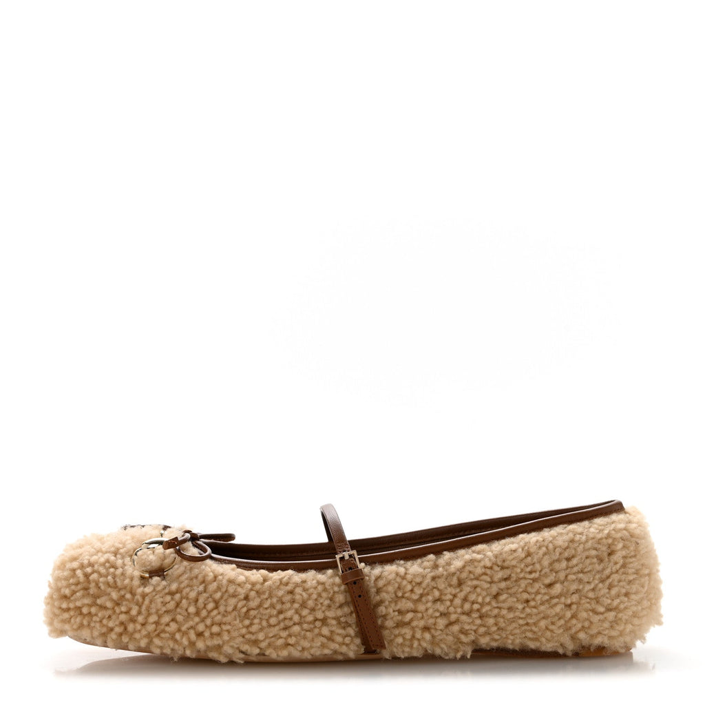 Gucci Shearling Women's Horsebit Ballet Flats 38.5 Beige