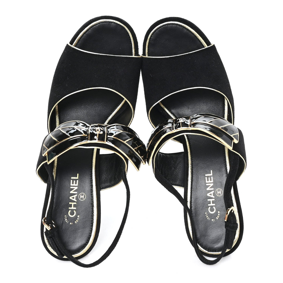 Chanel Suede Women's CC Bow Slingback Pumps 37.5 Black Gold