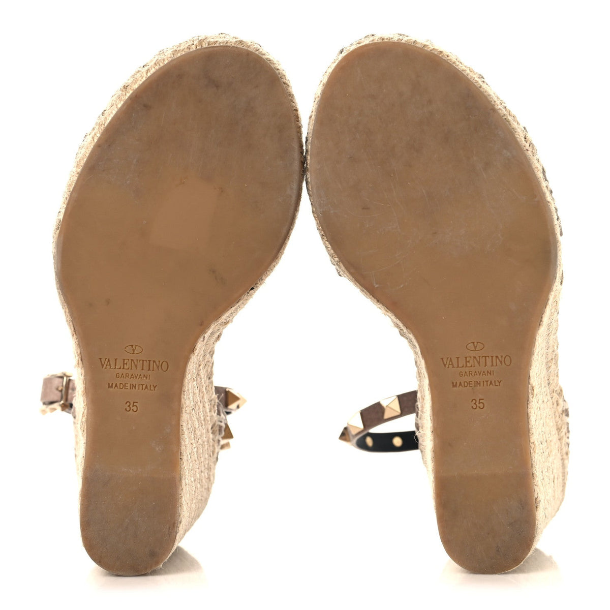 Valentino Garavani Calfskin Women's Rockstud Espadrille Wedge Sandals 35 Poudre Natural