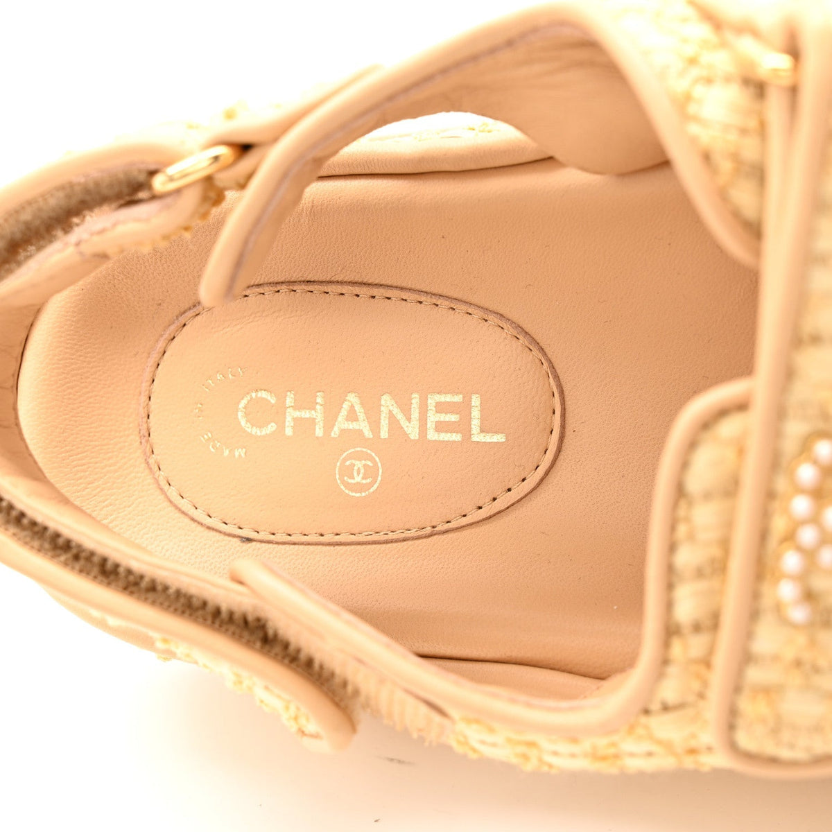 Chanel Braided Fabric Women's Velcro Dad Sandals 38.5 Beige