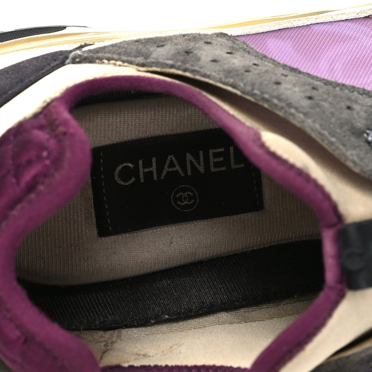 Chanel Fabric Suede Calfskin Mesh Women's CC Sneakers 42 White Grey Purple