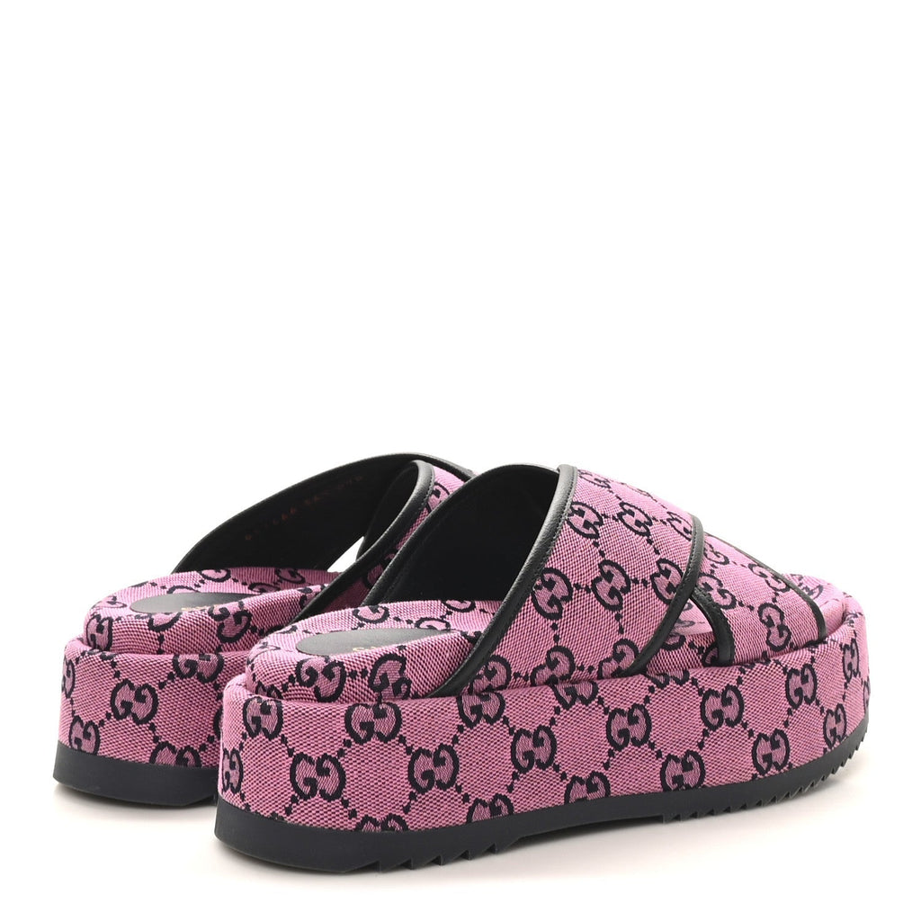 Gucci Canvas Women's Monogram Multicolor Criss Cross Platform Slide Sandals 36.5 Pink Blue