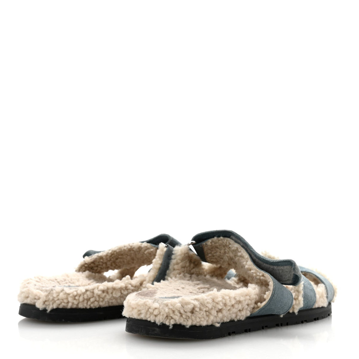 Hermes Suede Goatskin Woolskin Women's Chypre Sandals 38.5 Bleu Pinede Ecru