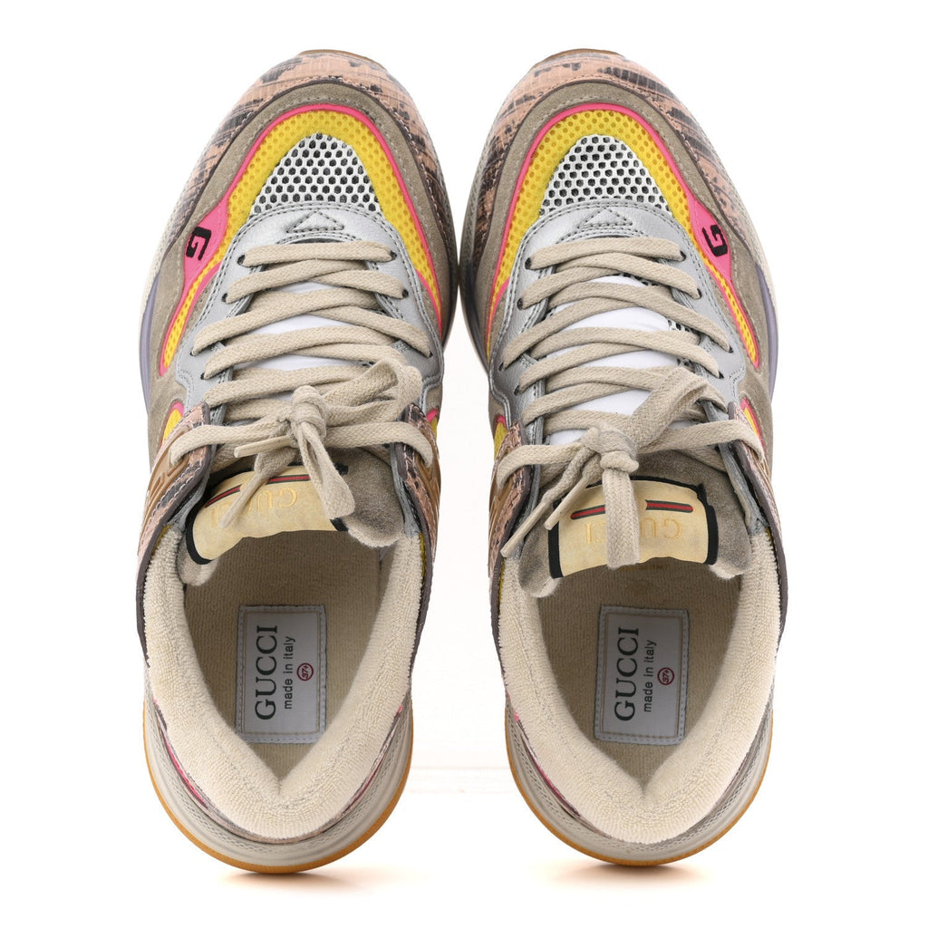 Gucci Suede Calfskin Tejus Printed Women's Ultrapace Sneakers 37.5 Pink Silver Oatmeal Yolk