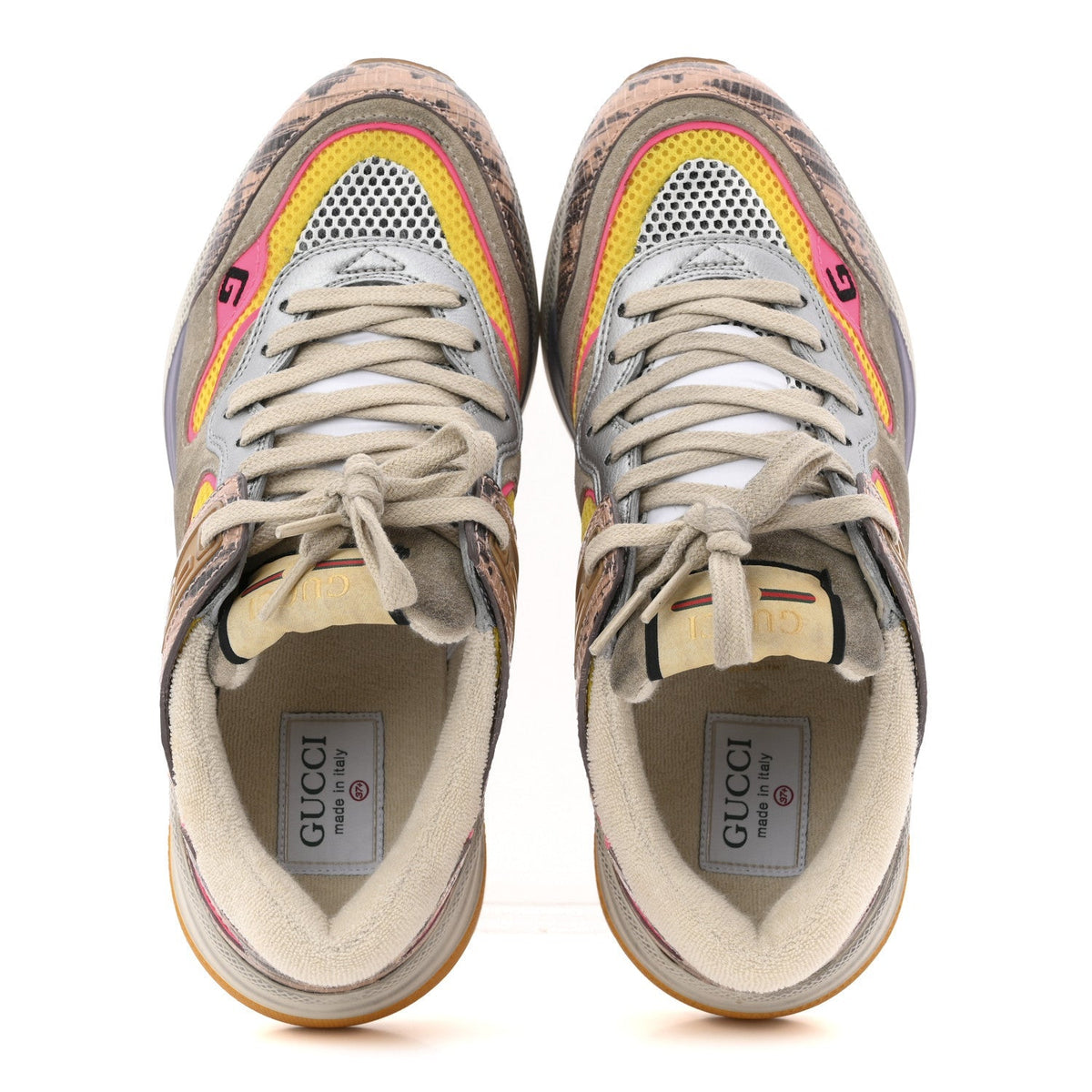 Gucci Suede Calfskin Tejus Printed Women's Ultrapace Sneakers 37.5 Pink Silver Oatmeal Yolk