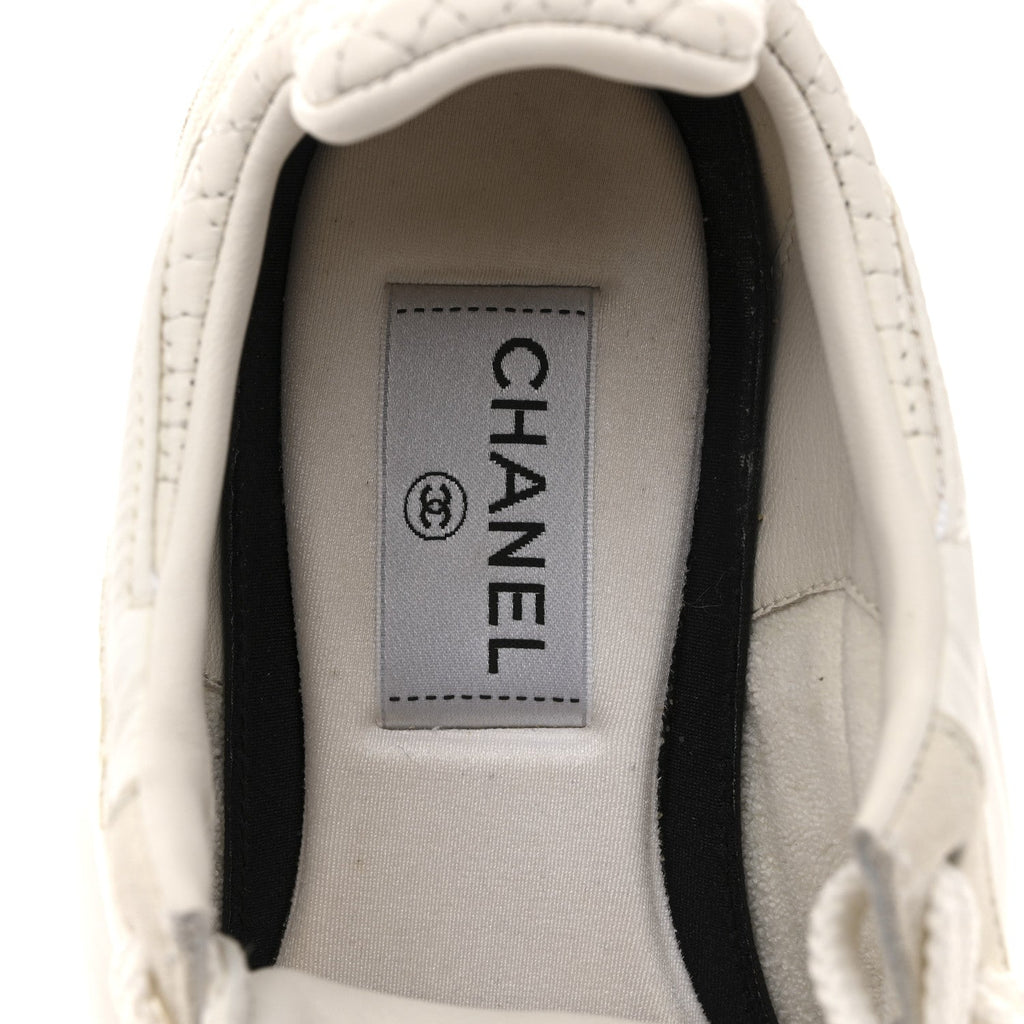 Chanel Nylon Suede Kidskin Calfskin Women's Logo Sneakers 37.5 White Black