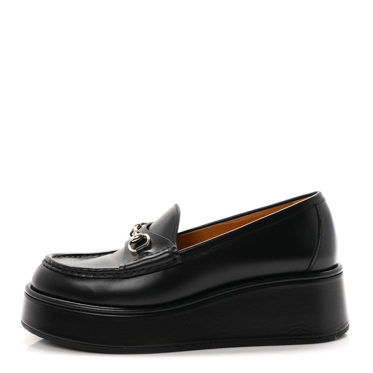 Gucci Kama Calfskin Women's Horsebit Wedge Platform Loafers 38.5 Black