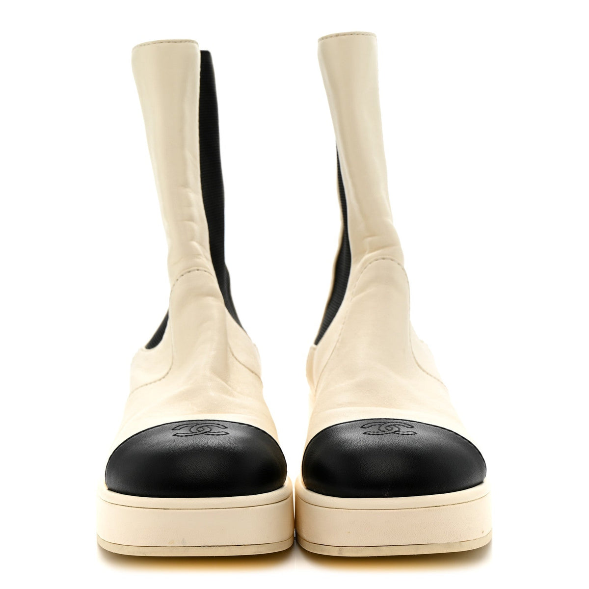 Chanel Patent Calfskin Cap Toe CC Women's Ankle Boots 39.5 White Black