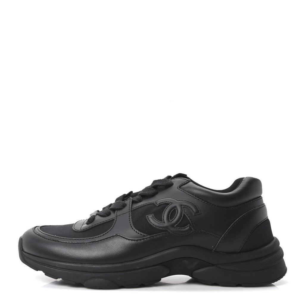 Chanel Lambskin Fabric Women's CC Uniform Sneakers 38.5 Black