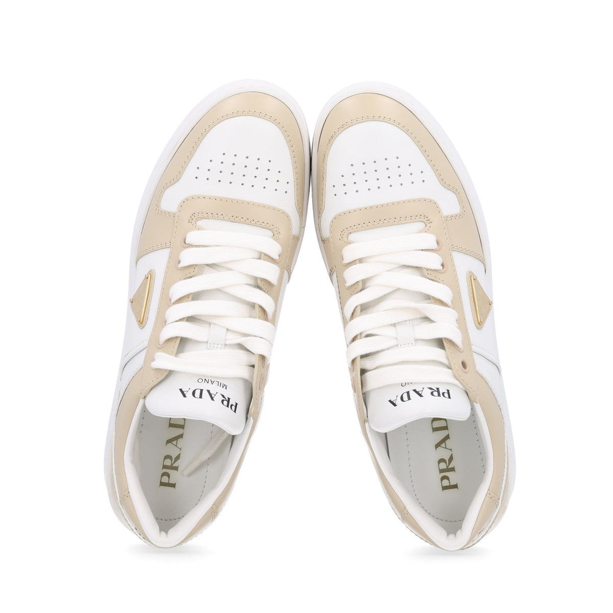 Prada Vitello Rois Triangle Downtown 30mm Women's Sneakers Beige and White