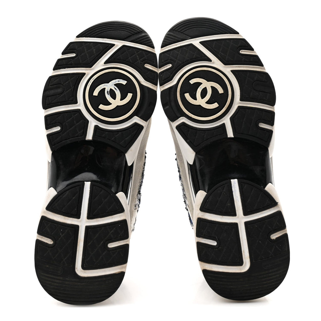 Chanel Tweed Suede Calfskin Women's CC Sneakers 37 Dark Blue Black Grey White