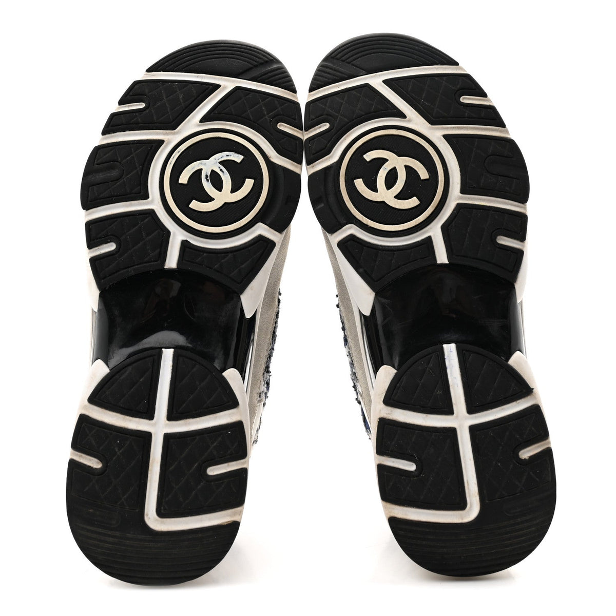 Chanel Tweed Suede Calfskin Women's CC Sneakers 37 Dark Blue Black Grey White