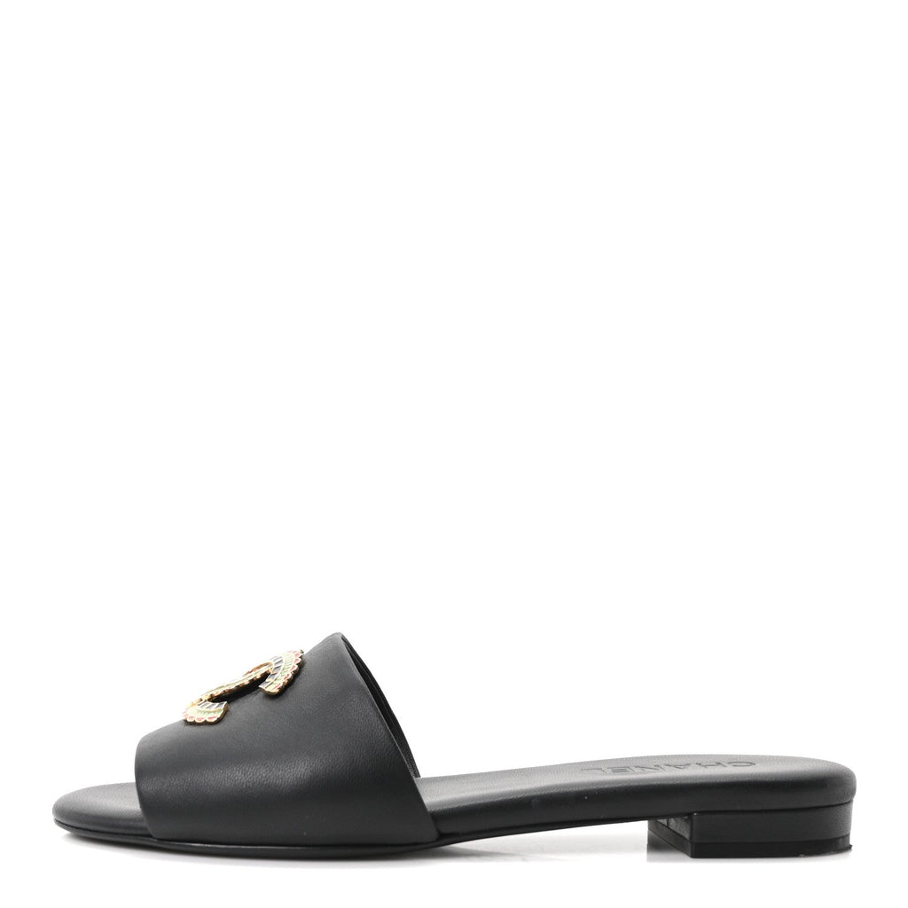 Chanel Lambskin Enamel CC Women's Mules 39.5 Black