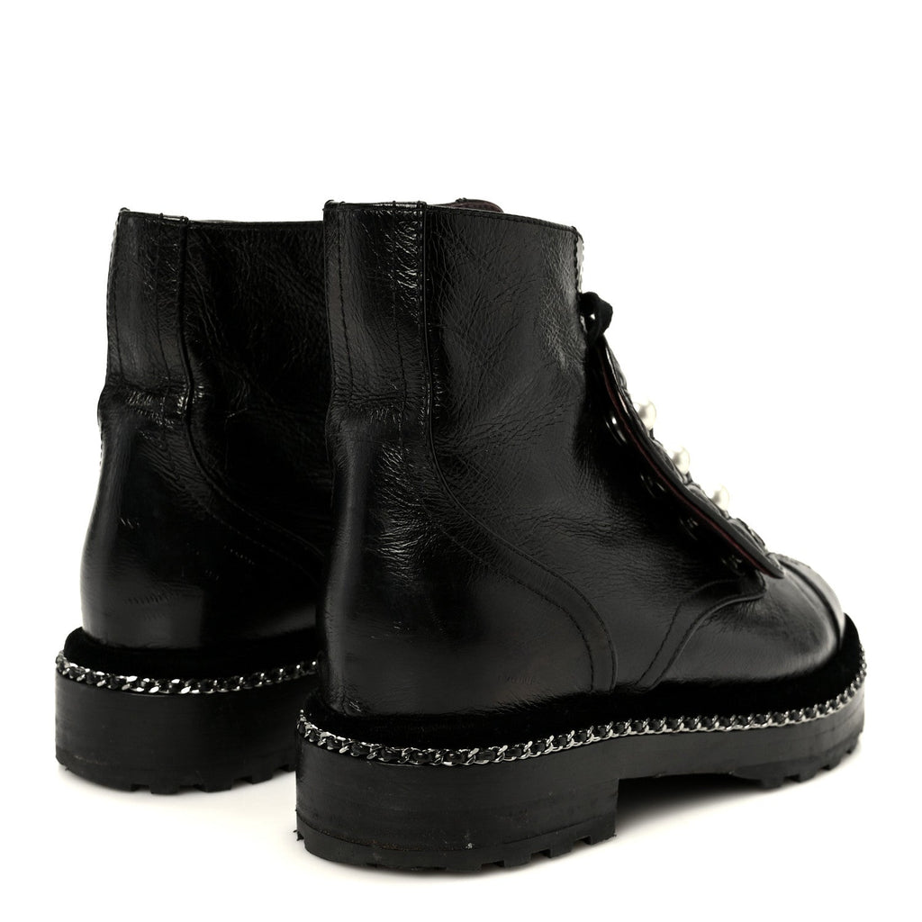 Chanel Crackled Calfskin Velvet Pearl Women's Combat Short Boots 36 Black
