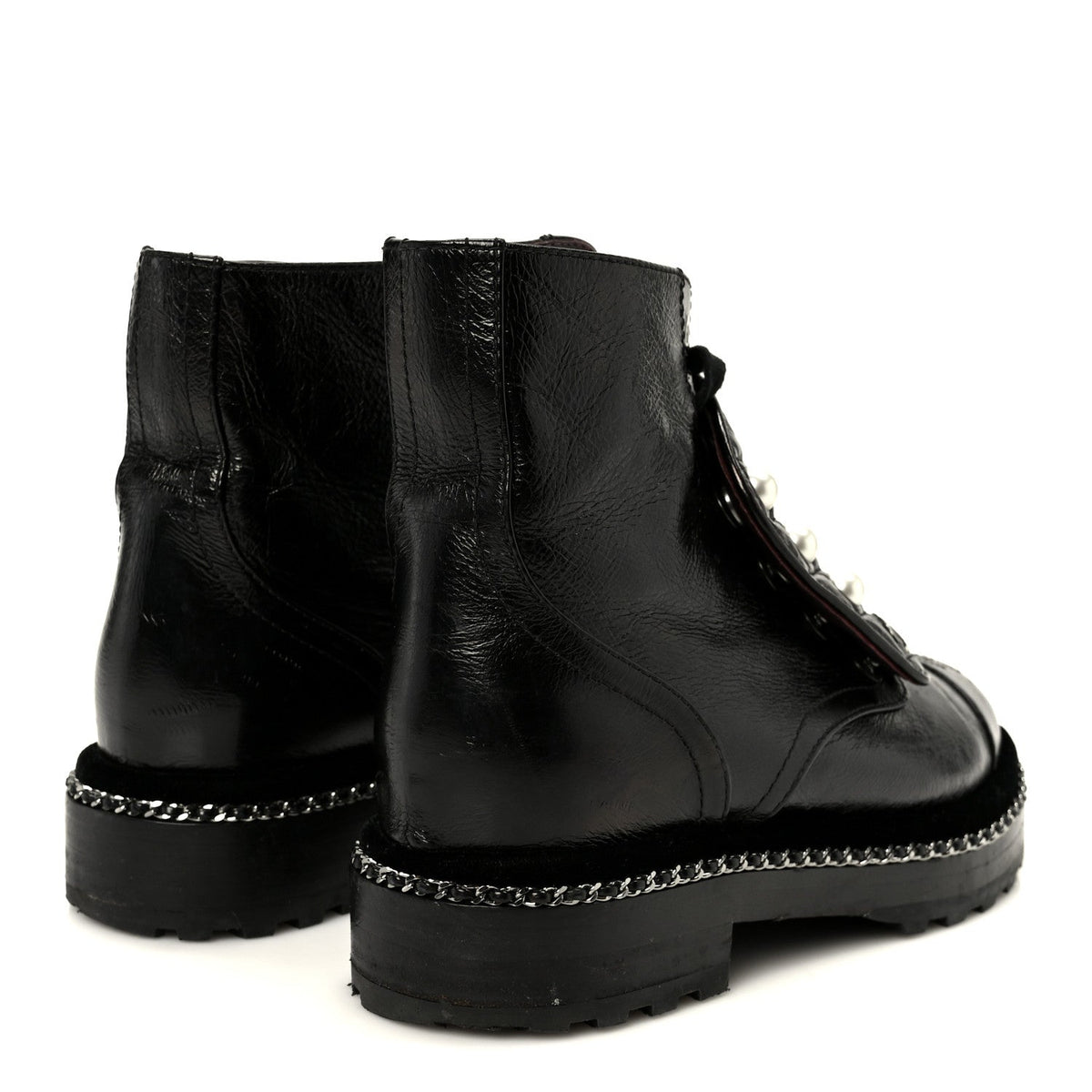 Chanel Crackled Calfskin Velvet Pearl Women's Combat Short Boots 36 Black