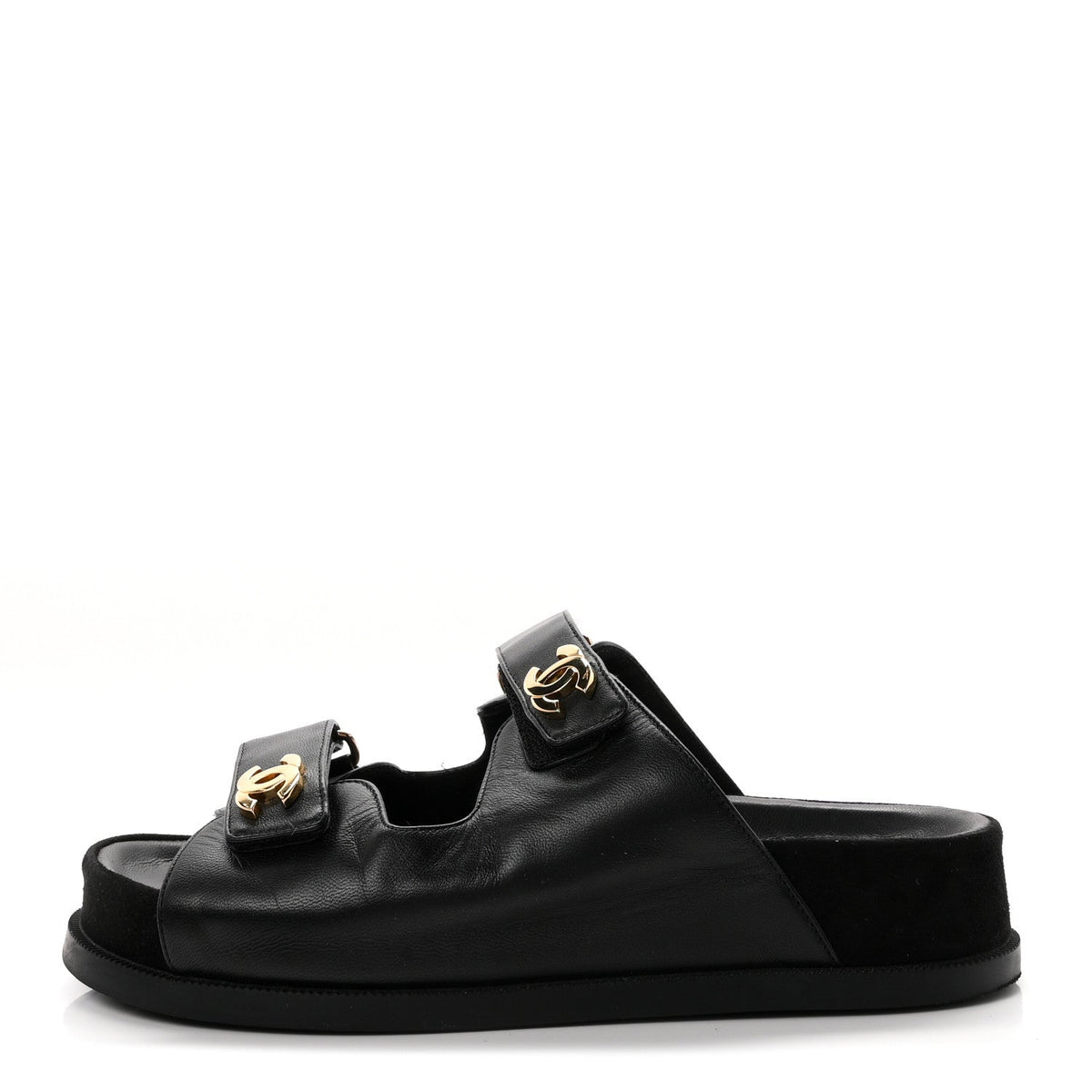 Chanel Lambskin Velcro Dad Chain CC Women's Slide Sandals Black