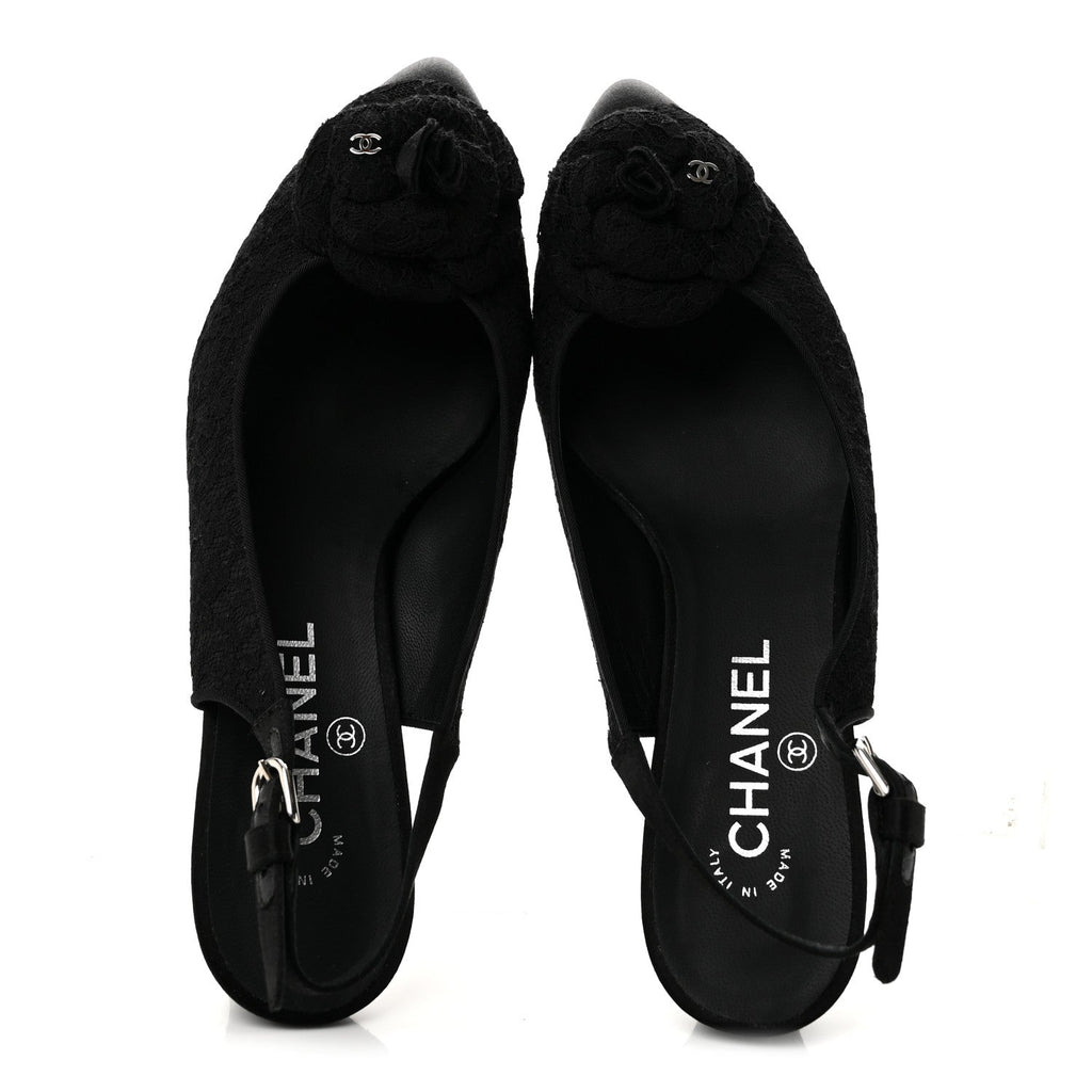 Chanel Lace Women's Camellia CC Slingback Pumps 38 Black