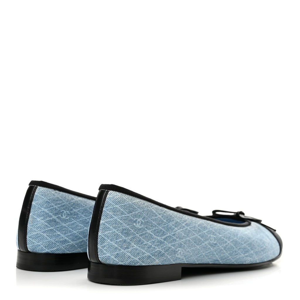 Chanel Denim Printed Quilt CC Cap Toe Women's Ballerina Flats Light Blue Dark Grey