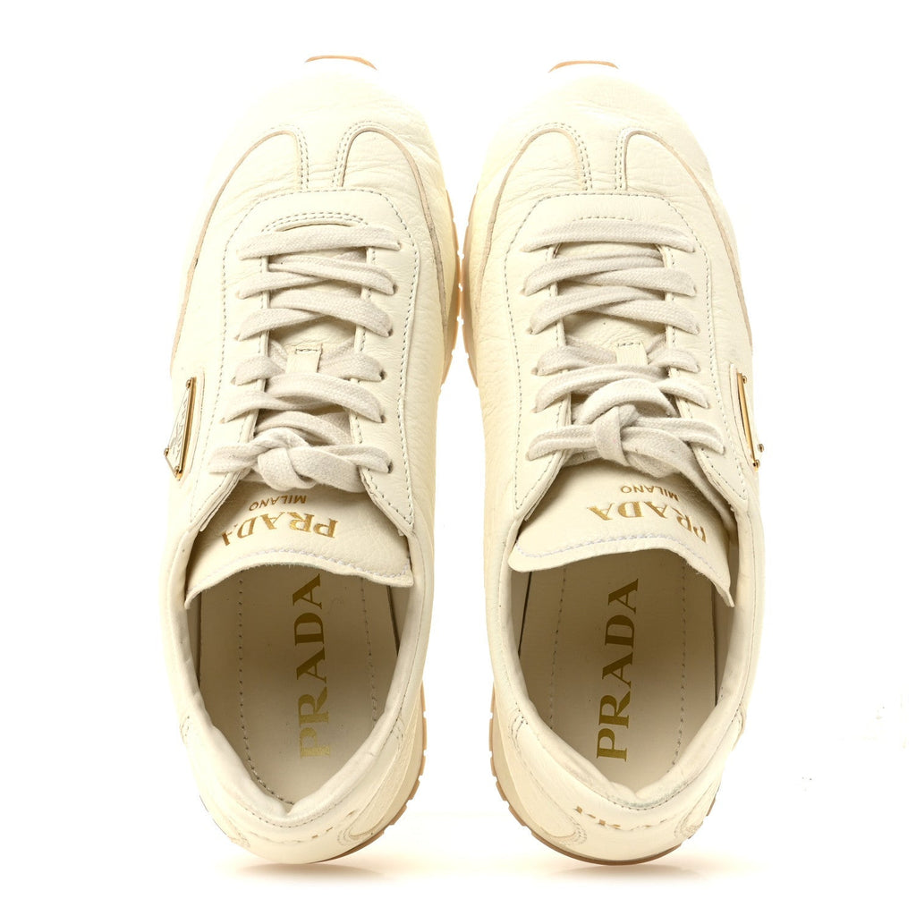 Prada Calfskin Metal Triangle Logo Women's Sneakers 40 Neutral