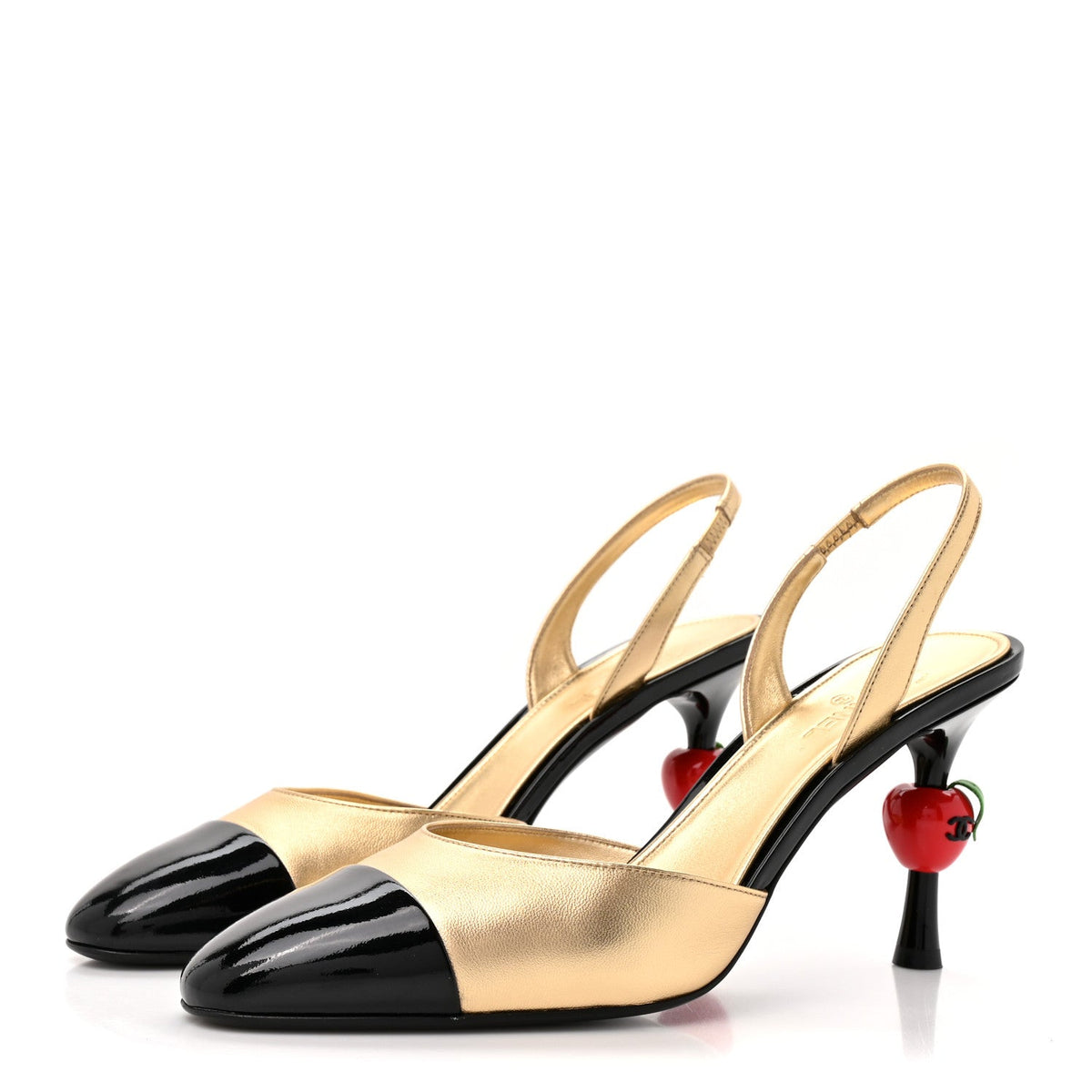 Chanel Lambskin Patent CC Apple Women's Slingback Pumps 41 Gold Black