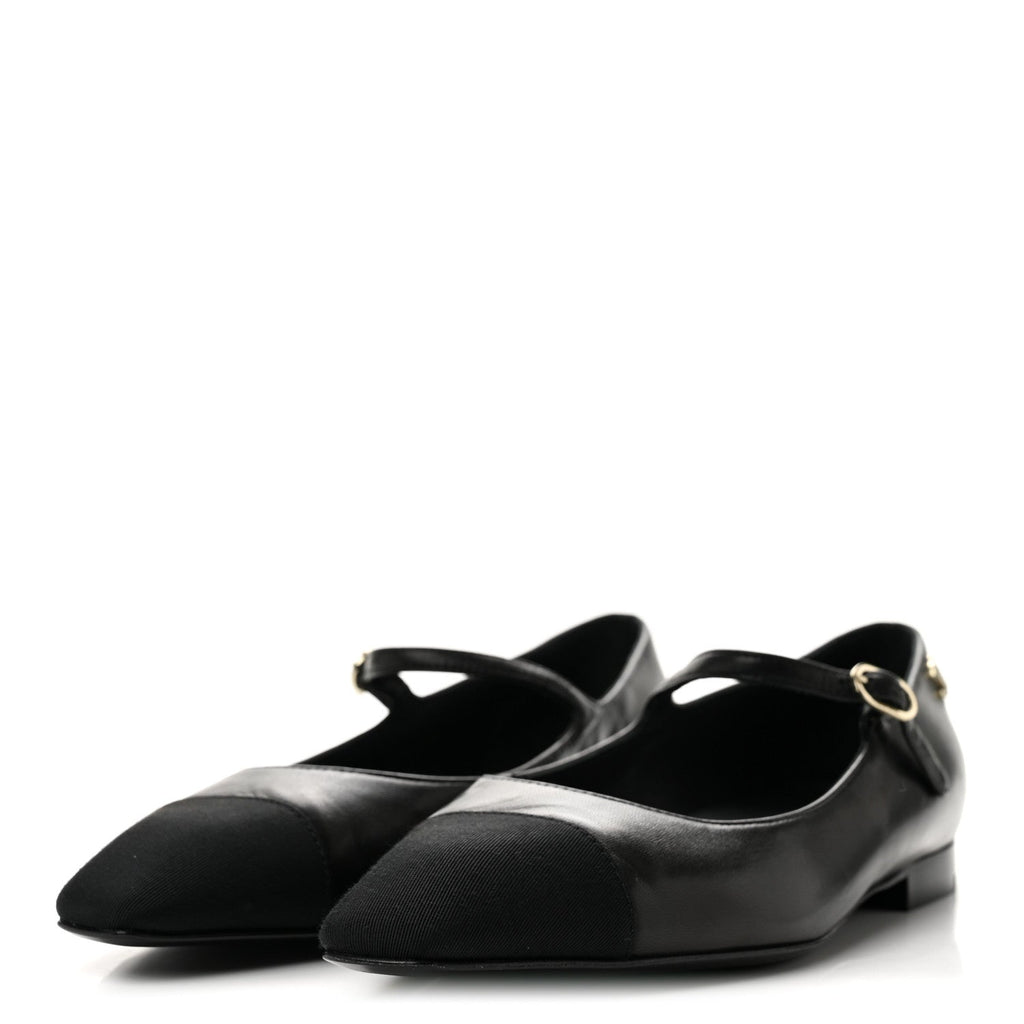 Chanel Lambskin Grosgrain Cap Toe Women's CC Mary Jane Flats 39.5 Black
