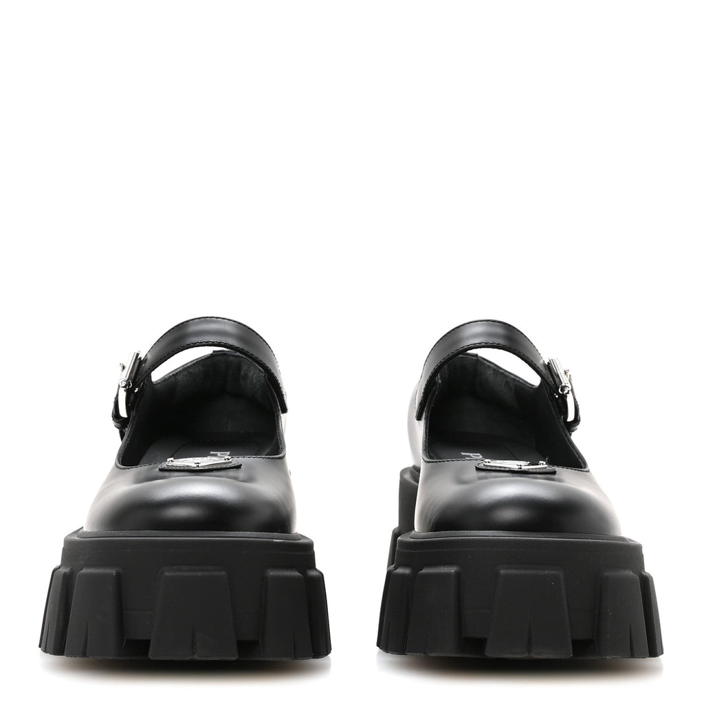 Prada Spazzolato Calfskin Women's Monolith Mary Janes 35.5 Black